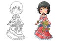 Girl in flower dress cartoon coloring page Royalty Free Stock Photo