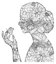 Girl with flower filling linear black and white vector illustration. Royalty Free Stock Photo