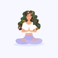 Girl with flower hair in gyan mudra yoga namaste pose exercise. Meditation health benefits for body, mind and emotions