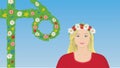 Lovely blond woman, girl with flower wreath, standing beside maypole. Vector illustration.