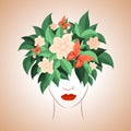 Girl With Flowers And Butterflies Botanical print. Nature symbol of cosmetics. Fashion print. Beauty saloon logo Royalty Free Stock Photo