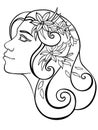 Girl with flowers in her hair. Portrait in profile. A woman in a wreath. Spring. Line drawing. For coloring Royalty Free Stock Photo