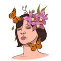 Girl with flowers in her hair. Portrait on a white background. Vector graphic Royalty Free Stock Photo