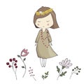Girl with flowers illustration vector land floral woman cute baby friendly full color texture leaf print autumn mood text bithday Royalty Free Stock Photo