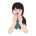 Girl with flu symptoms blowing her runny nose with a handkerchief, sneezing, vector illustration.