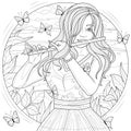 Girl with flute and butterflies.Coloring book antistress for children and adults.