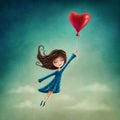 Girl flying with heart balloon