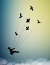 Girl is flying and holding pigeons, fly in the dream up to the sky, childhood memories, silhouette shadows Royalty Free Stock Photo