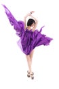 Girl in flying purple silk dress