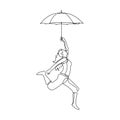 Girl flying with umbrella continuous line drawing minimalism hand drawn Royalty Free Stock Photo