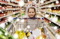 Girl with food in shopping cart at grocery store Royalty Free Stock Photo