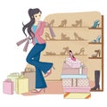 girl in footwear shop. Vector illustration decorative design