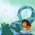 A Girl in a forest, with a dinosaur behind her, is drawing a snail. Fun and cute hand drawn illustration.