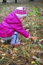 Girl in the forest fly agaric finger touches Royalty Free Stock Photo