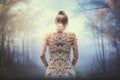 Girl in the forest. Photo in old color image style. Selective focus, Digital composite highlighting the spine of a woman in rear