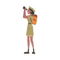 Girl Forest Ranger with Backpack Looking Through Binoculars, National Park Service Employee Character in Uniform Cartoon Royalty Free Stock Photo