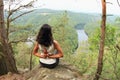 Girl in forest watching river Vltava from Vyhlidka Maj Royalty Free Stock Photo