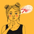 Girl with freckles, pink cheeks making Shhh sign and text bubble, asking for silence. Vector illustration.