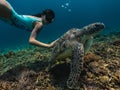 Girl freediving with cute turtle and touch it