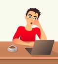 Girl freelancer bored. Young woman works at home sitting in front of a laptop. Cartoon flat girl working online or Royalty Free Stock Photo