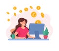 Girl freelancer at the computer, around the money, gold coins. Earn money online, earnings. Woman working at home Royalty Free Stock Photo