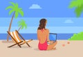 Girl-Freelancer Works on Laptop at Tropical Beach