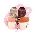 Girl friend braid stylish hairstyle decorated with ribbon. Friendship concept clip art.