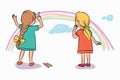 Girl friend drawing rainbow with chalk on wall Royalty Free Stock Photo