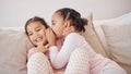 Girl, friends or children whisper secret to best friend on home sofa while relax together on play date. Communication Royalty Free Stock Photo
