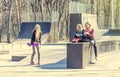 Girl friends skateboarding at the park Royalty Free Stock Photo