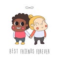 Girl friendship illustration (greeting card) with two girls and infinity symbol. Best friends forever.