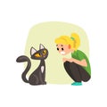 Girl frightened by cat, girl suffering from ailurophobia, human fear concept vector Illustration on a white background