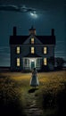 Girl in front of Abandoned House at night, Horror halloween concept.