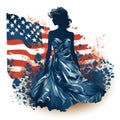 GIrl in front of USA Flag. Sticker. Logotype. American Wave Flag. July 4 Concept. Happy 4th of July - Independence Day Royalty Free Stock Photo