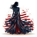 GIrl in front of USA Flag. Sticker. Logotype. American Wave Flag. July 4 Concept. Happy 4th of July - Independence Day Royalty Free Stock Photo