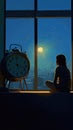 A girl in front of a window in the night. A clock indicating the passing of time Royalty Free Stock Photo