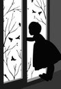 Girl in front of the window watching the birds - silhouette vector illustration Royalty Free Stock Photo