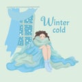 The girl froze, hid in a blanket, snow outside the window. Vector illustration