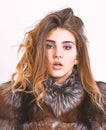 Girl fur coat posing with hairstyle on white background close up. Prevent winter hair damage. Woman makeup calm face Royalty Free Stock Photo