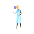 Girl from the future looking at virtual screen, futuristic mechanism technology concept vector Illustration on a white