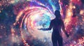 A girl in a galaxy inspired jumpsuit stands with her back to the camera her hand outstretched towards a kaleidoscope of