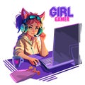 Girl gamer or streamer with cat ears headset sits at a computer. Royalty Free Stock Photo
