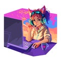 Girl gamer or streamer with cat ears headset sits at a computer. Royalty Free Stock Photo