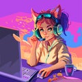 Girl gamer or streamer with cat ears headset sits at a computer. Royalty Free Stock Photo