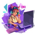 Girl gamer or streamer with cat ears headset sits at a computer. Royalty Free Stock Photo