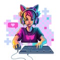 Girl gamer or streamer with cat ears headset sits in front of a computer Royalty Free Stock Photo