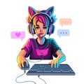 Girl gamer or streamer with cat ears headset sits in front of a computer Royalty Free Stock Photo