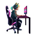 Girl gamer or streamer with a headset sits in front of a computer