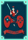 Girl gamer vector poster. Video games illustration with woman and gamepad. Vintage style graphic. Cartoon character.