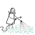 Girl in the garden feeling good, watering the lawn with hose pipe. cartoon work